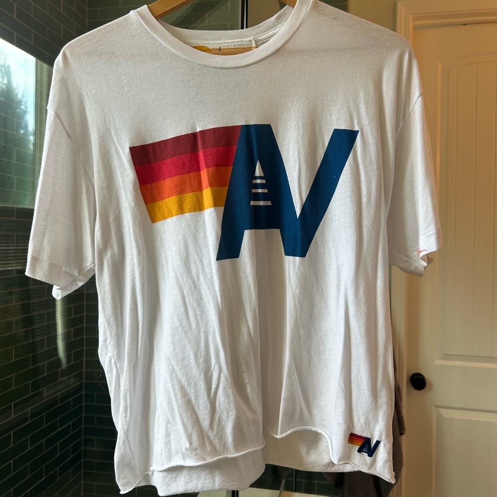 Aviator Nation White Tee with Yellow and Orange Sunstripe Label